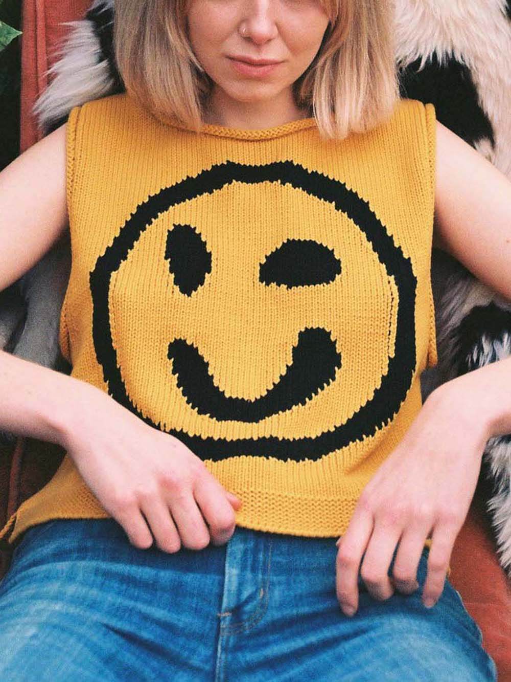 Smiley Face Knitted Sleeveless Vest Top - yellow - 1