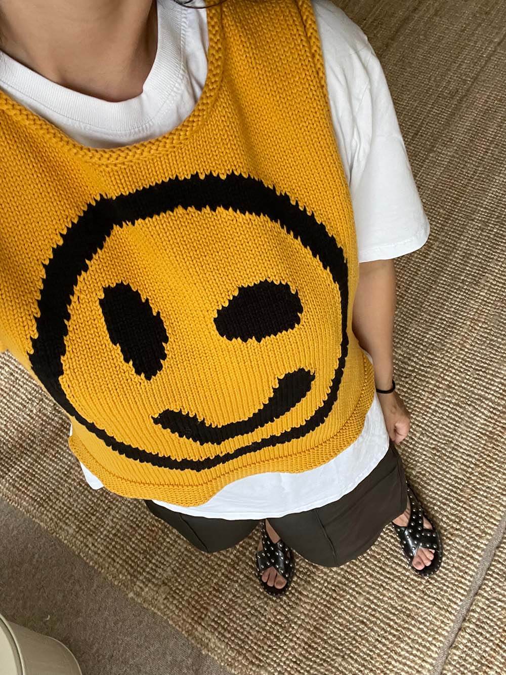 Smiley Face Knitted Sleeveless Vest Top - yellow - 2