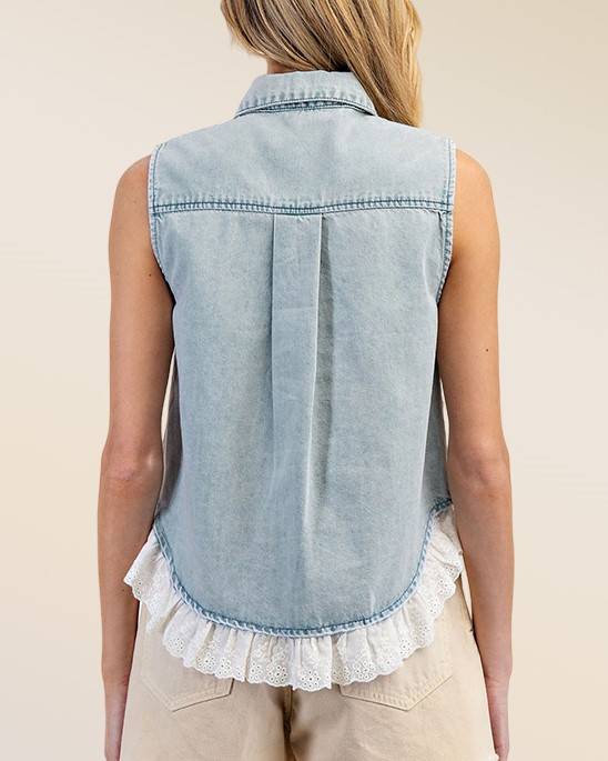 Lace Ruffle Hem Sleeveless Denim Top - Blue - 1