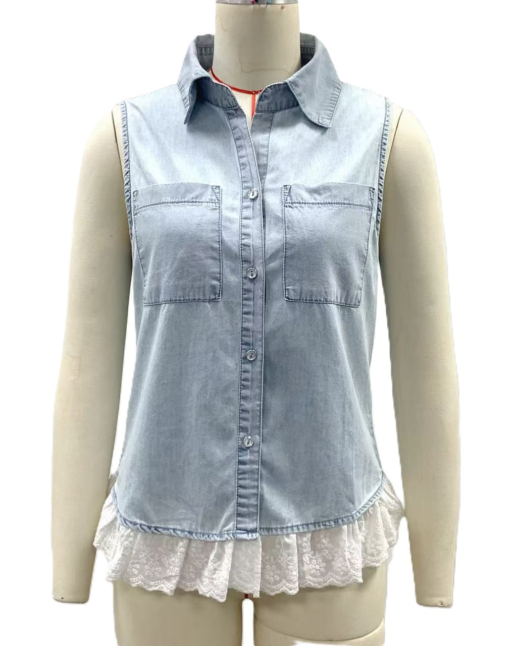 Lace Ruffle Hem Sleeveless Denim Top - Blue - 3