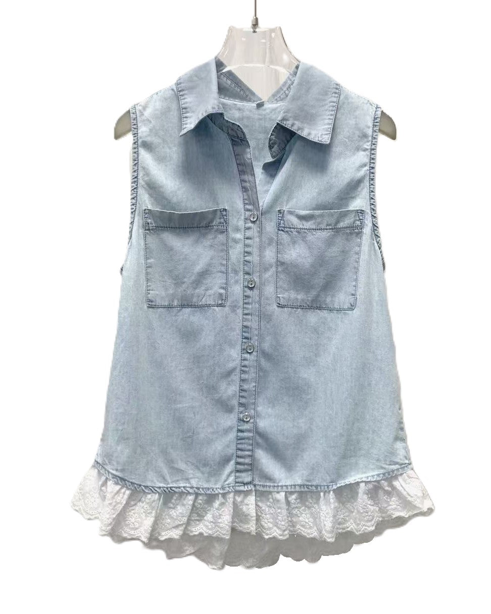 Lace Ruffle Hem Sleeveless Denim Top - Blue - 4