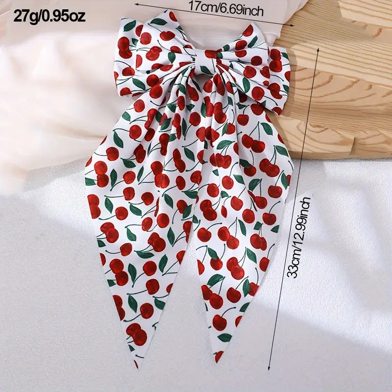 Fruit Print Ribbon Bow Barrette - Cherry