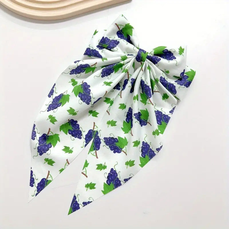 Fruit Print Ribbon Bow Barrette - Grape