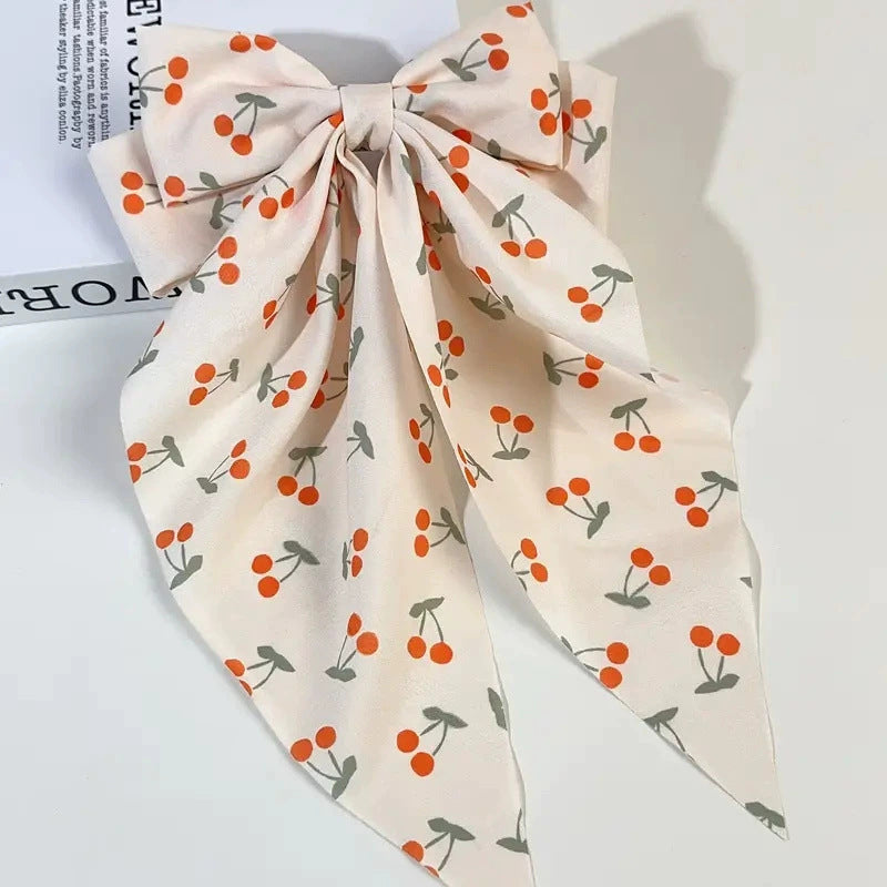 Fruit Print Ribbon Bow Barrette - beige