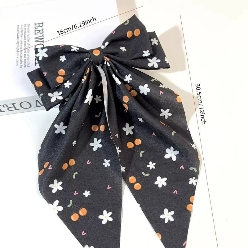 Fruit Print Ribbon Bow Barrette - black
