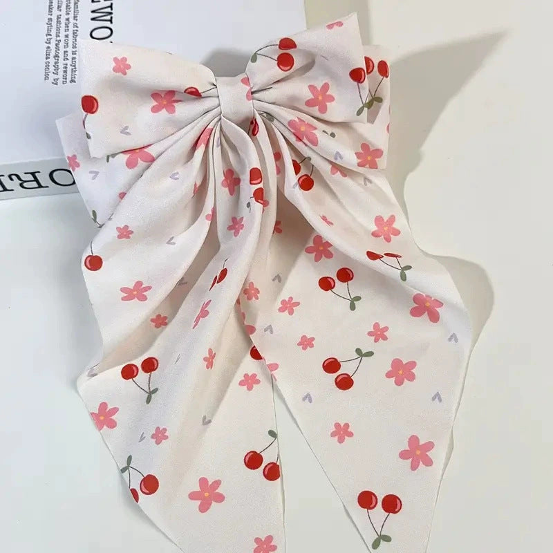 Fruit Print Ribbon Bow Barrette - offwhite
