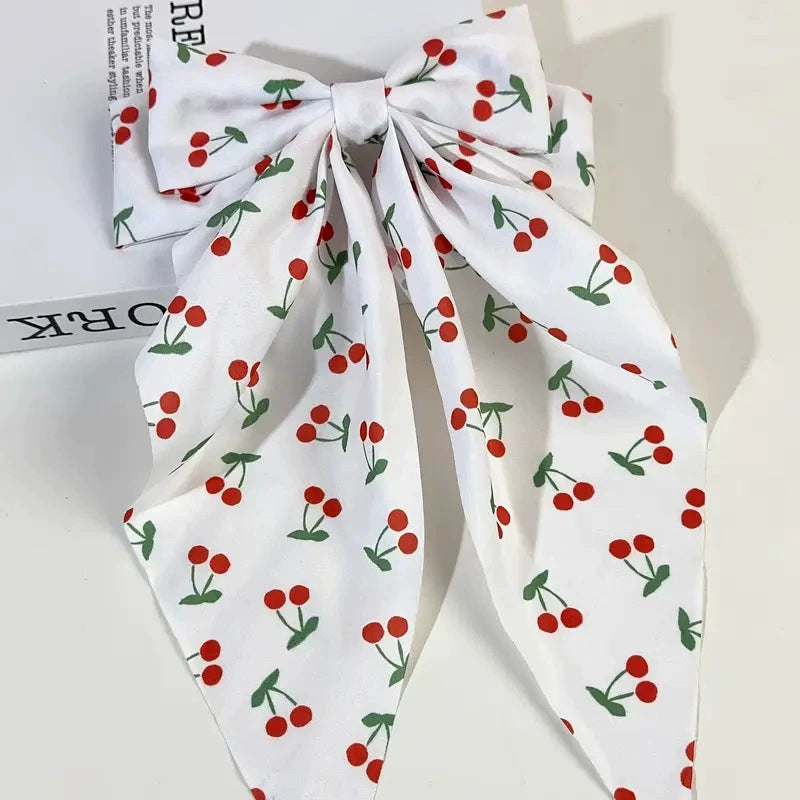 Fruit Print Ribbon Bow Barrette - white