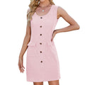 Buttoned Front Sleeveless Pocket Pinafore Dress - Pink