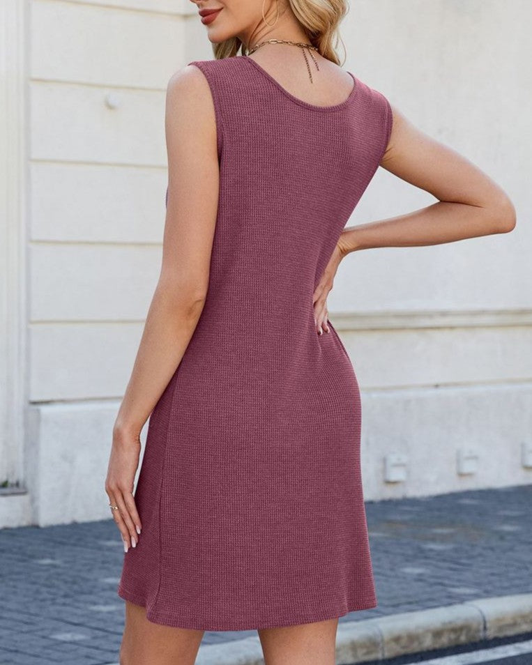 Buttoned Front Sleeveless Pocket Pinafore Dress - Red - 2