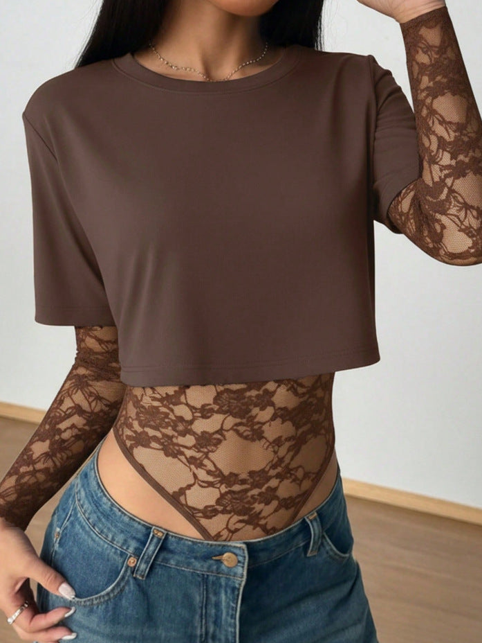 Lace Sleeve Two In One Tee Bodysuit - Coffee