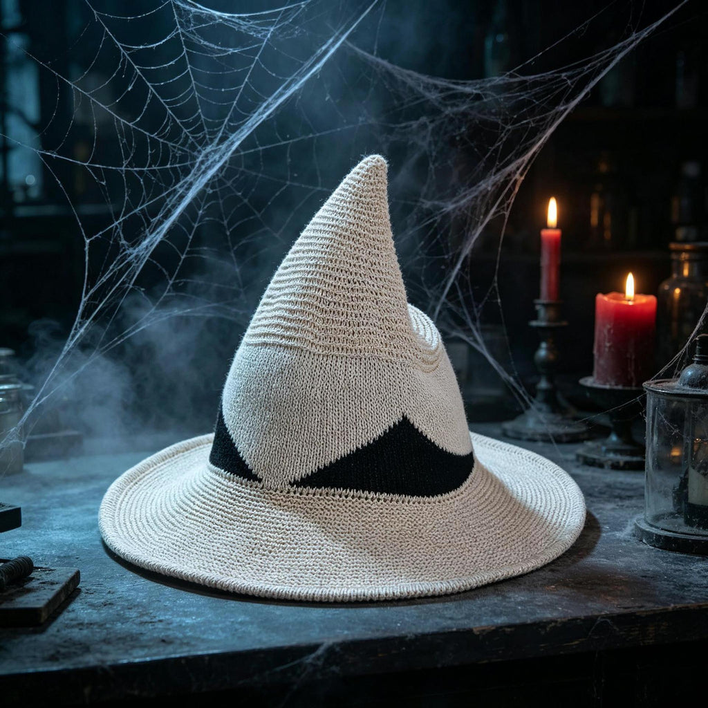Pointed Knit Witch Hat With Wide Floppy Brim - Beige