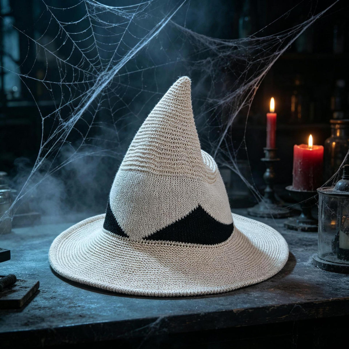 Pointed Knit Witch Hat With Wide Floppy Brim - Beige