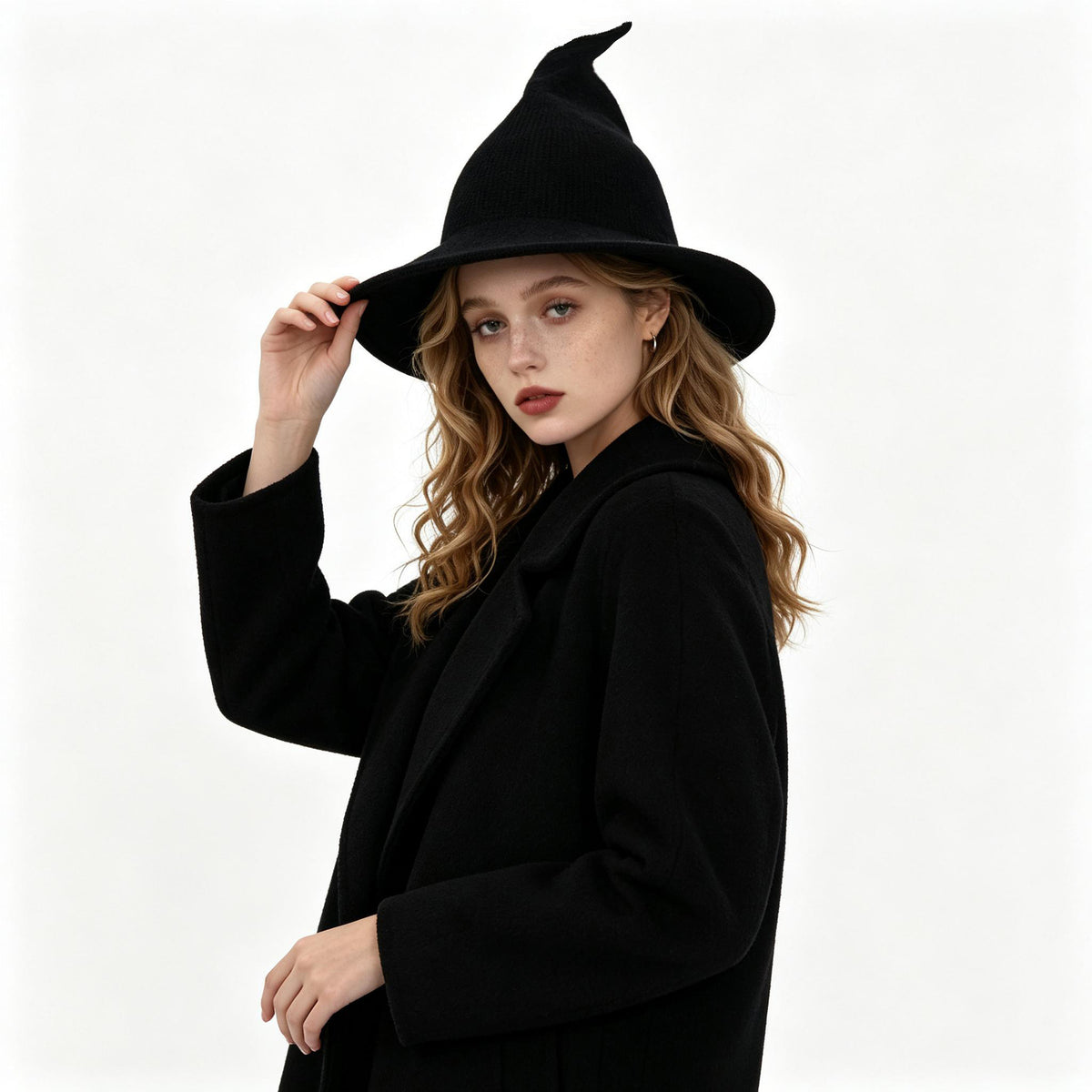 Pointed Knit Witch Hat With Wide Floppy Brim - Black