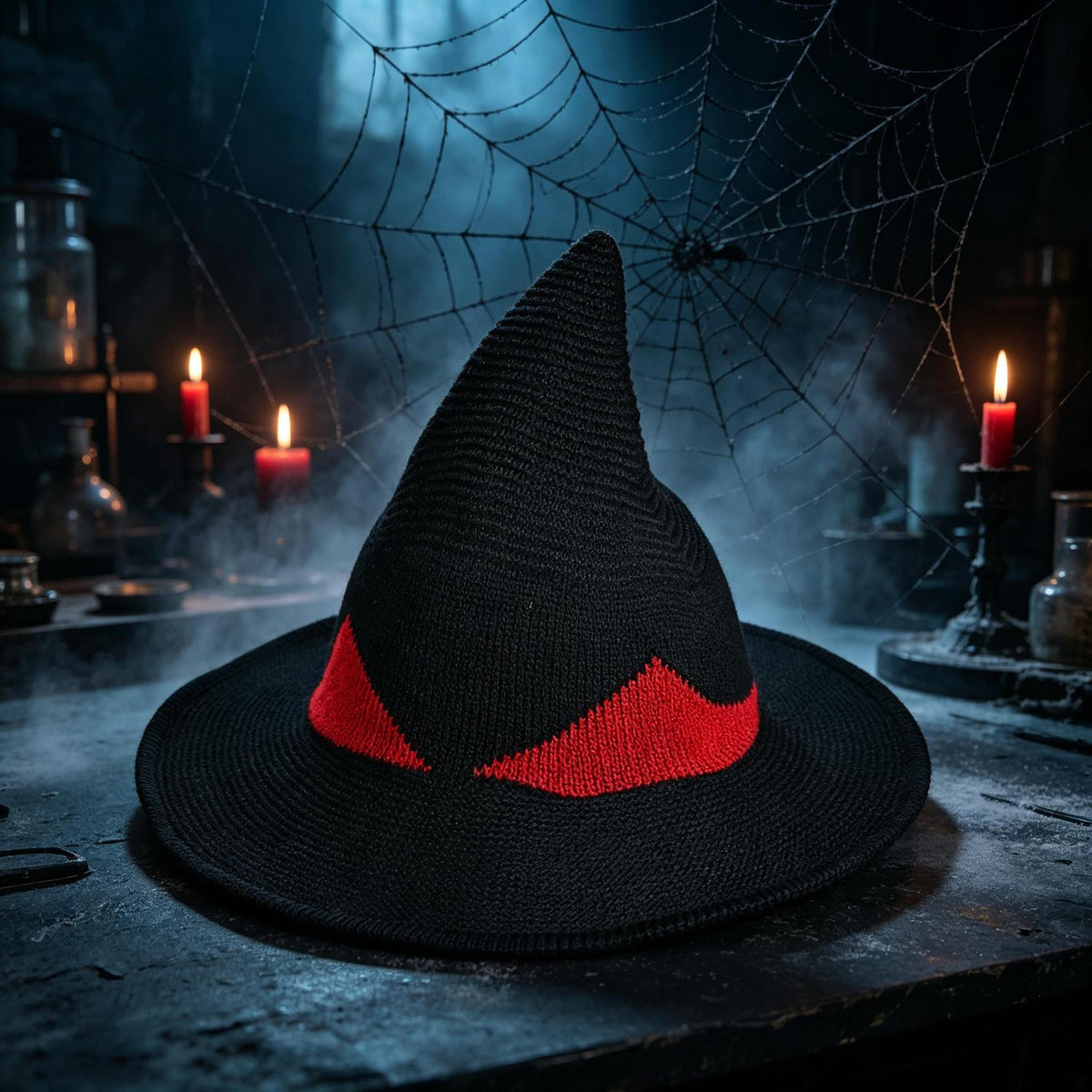 Pointed Knit Witch Hat With Wide Floppy Brim - Black - 1