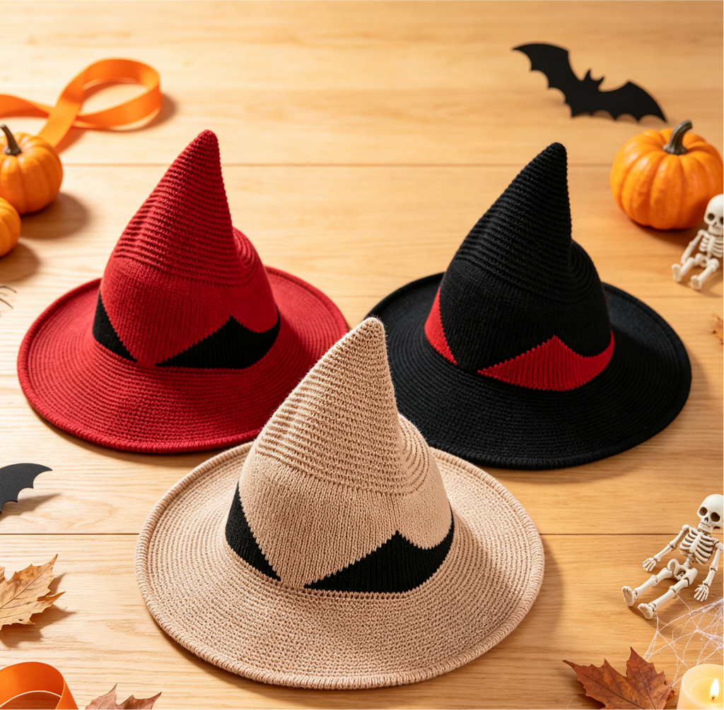 Pointed Knit Witch Hat With Wide Floppy Brim - Black - 2
