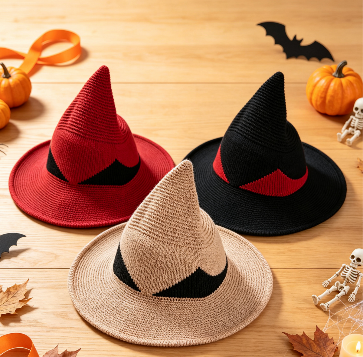 Pointed Knit Witch Hat With Wide Floppy Brim - Black - 2