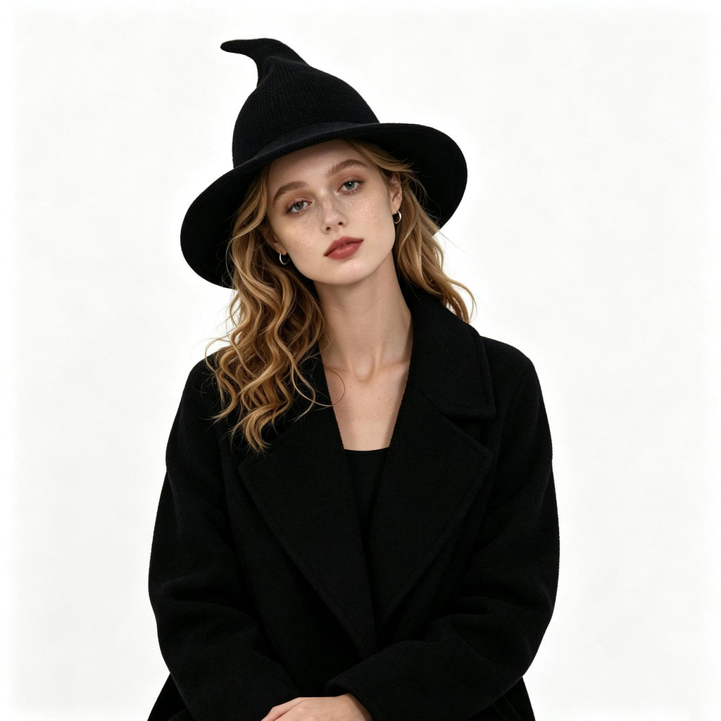 Pointed Knit Witch Hat With Wide Floppy Brim - Black - 3
