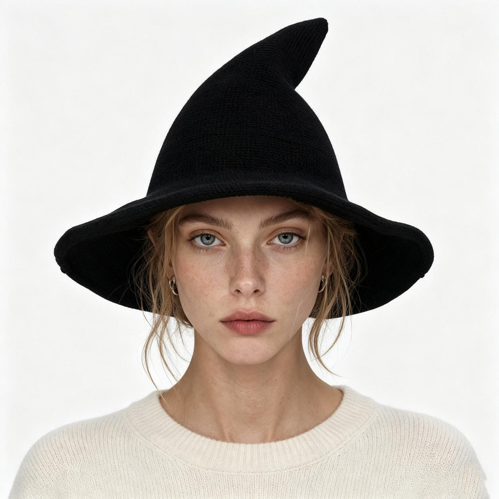 Pointed Knit Witch Hat With Wide Floppy Brim - Black - 4