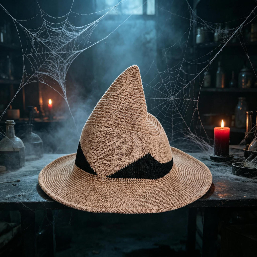 Pointed Knit Witch Hat With Wide Floppy Brim - Khaki