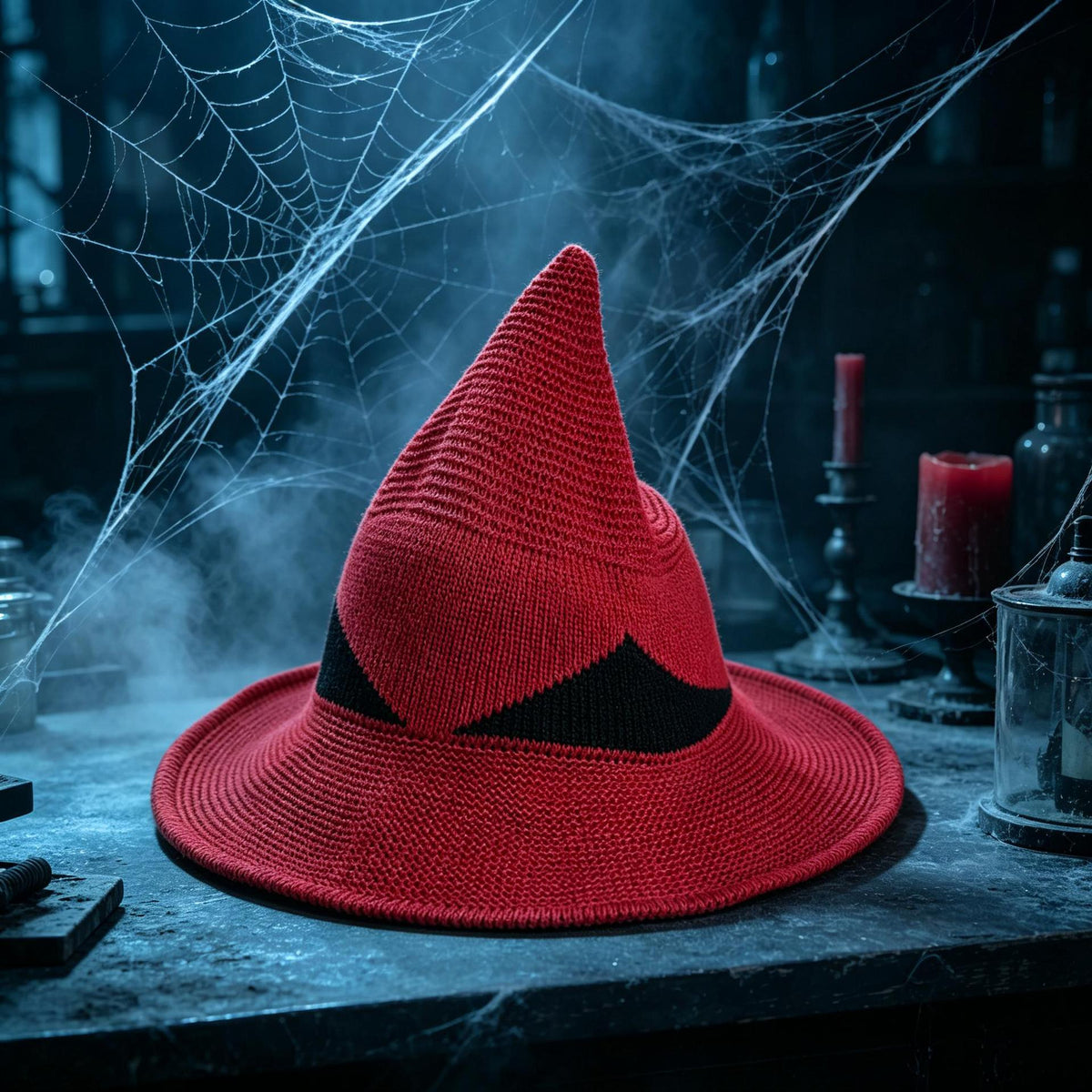 Pointed Knit Witch Hat With Wide Floppy Brim - Red