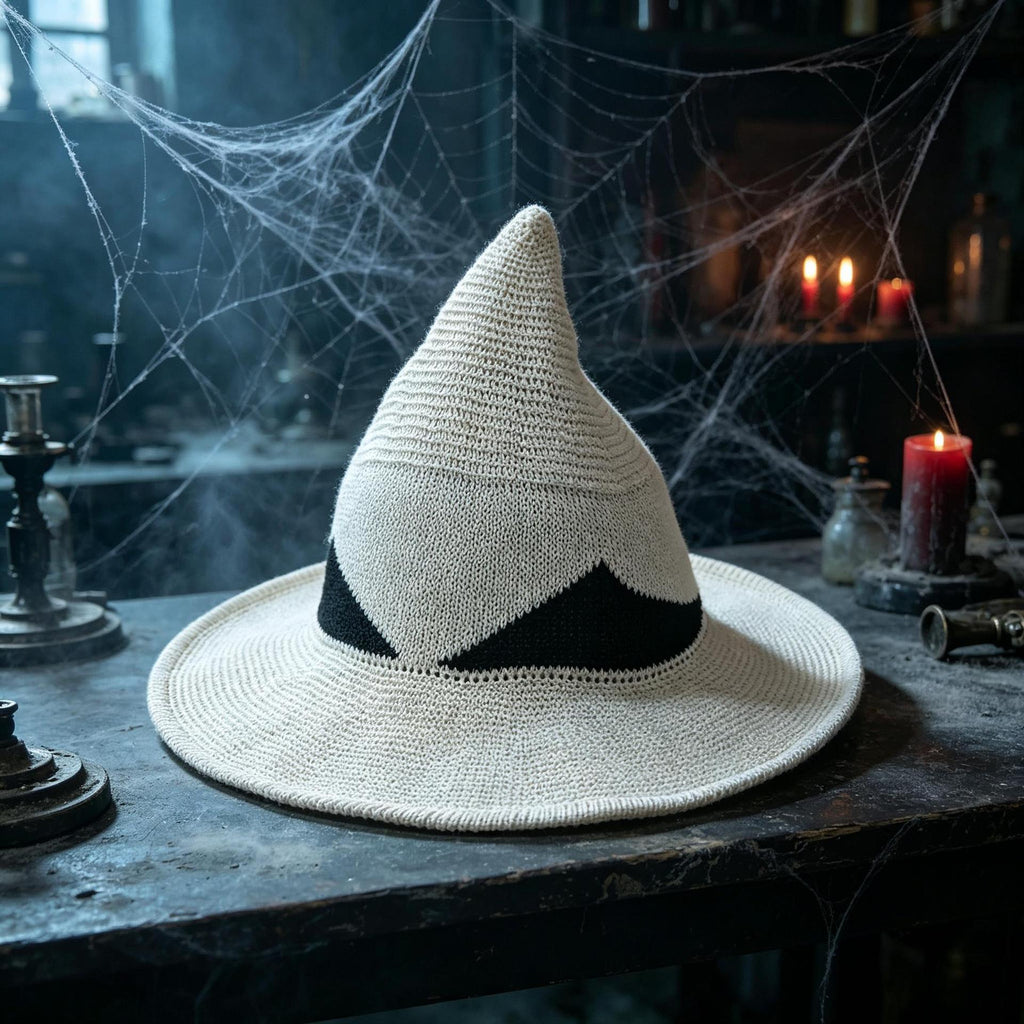 Pointed Knit Witch Hat With Wide Floppy Brim - White