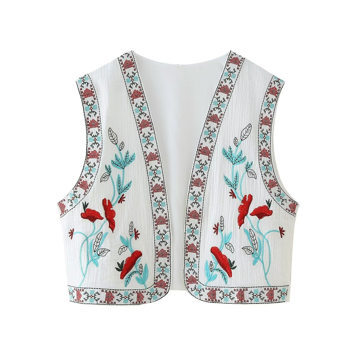 Embroidered Floral Cropped Open Vest - Blue