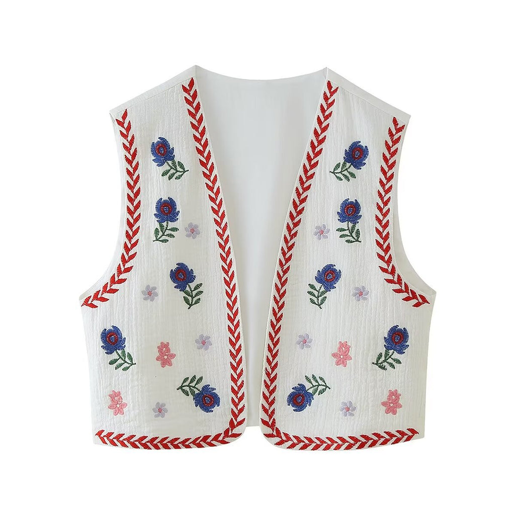 Embroidered Floral Cropped Open Vest - Red