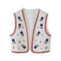 Embroidered Floral Cropped Open Vest - Red