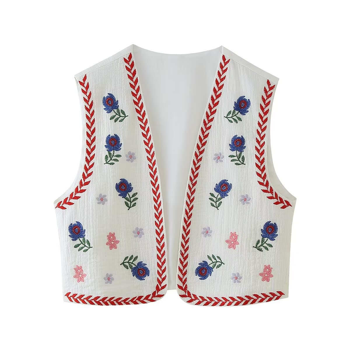 Embroidered Floral Cropped Open Vest - Red