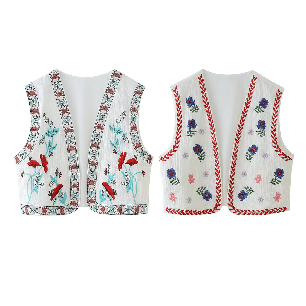 Embroidered Floral Cropped Open Vest - Red - 15