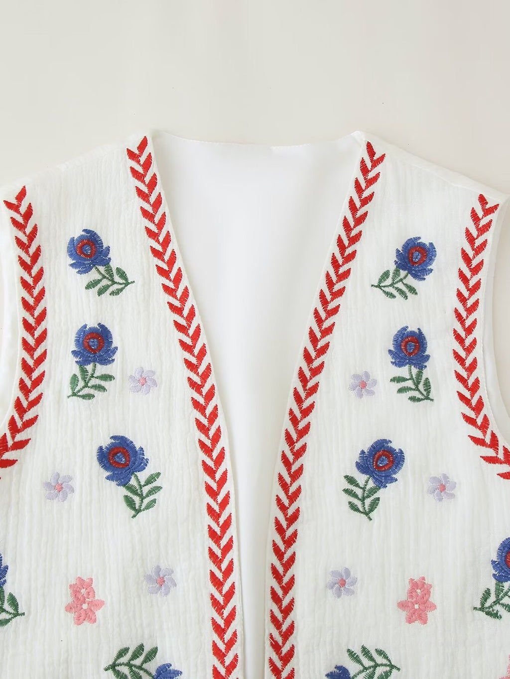 Embroidered Floral Cropped Open Vest - Red - 2