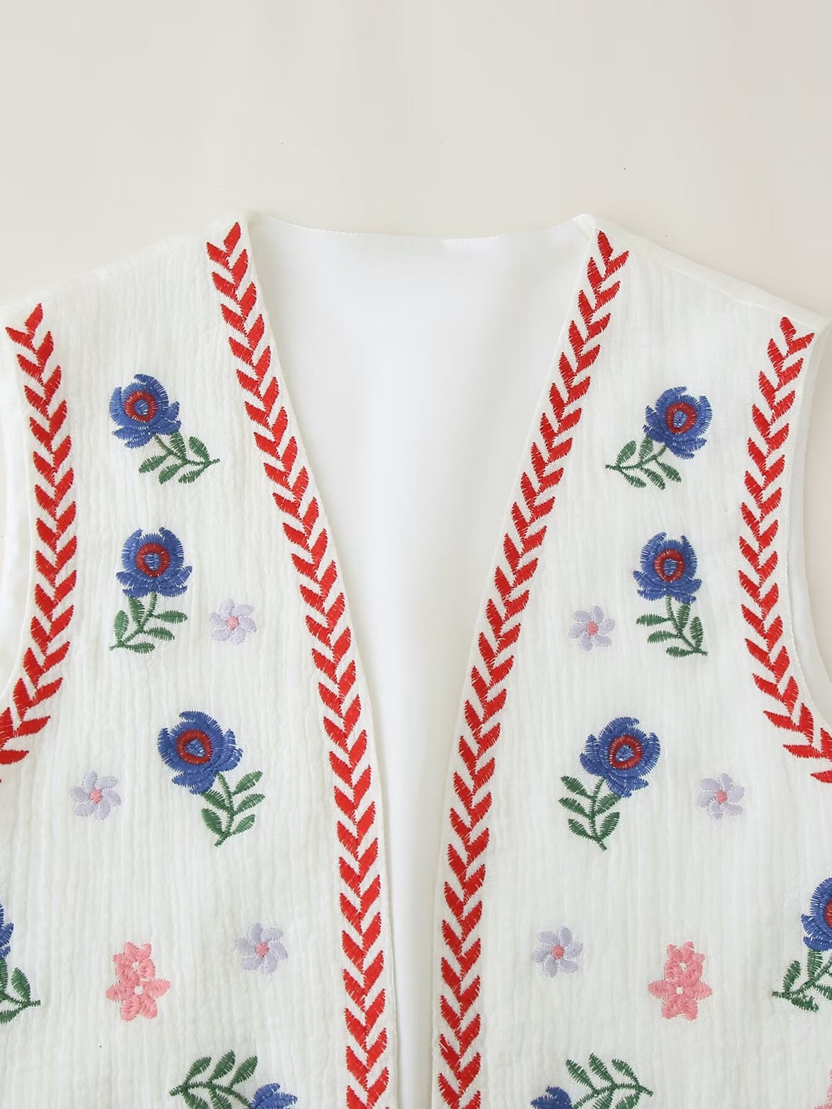 Embroidered Floral Cropped Open Vest - Red - 2