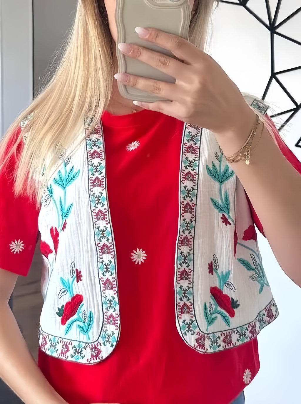 Embroidered Floral Cropped Open Vest