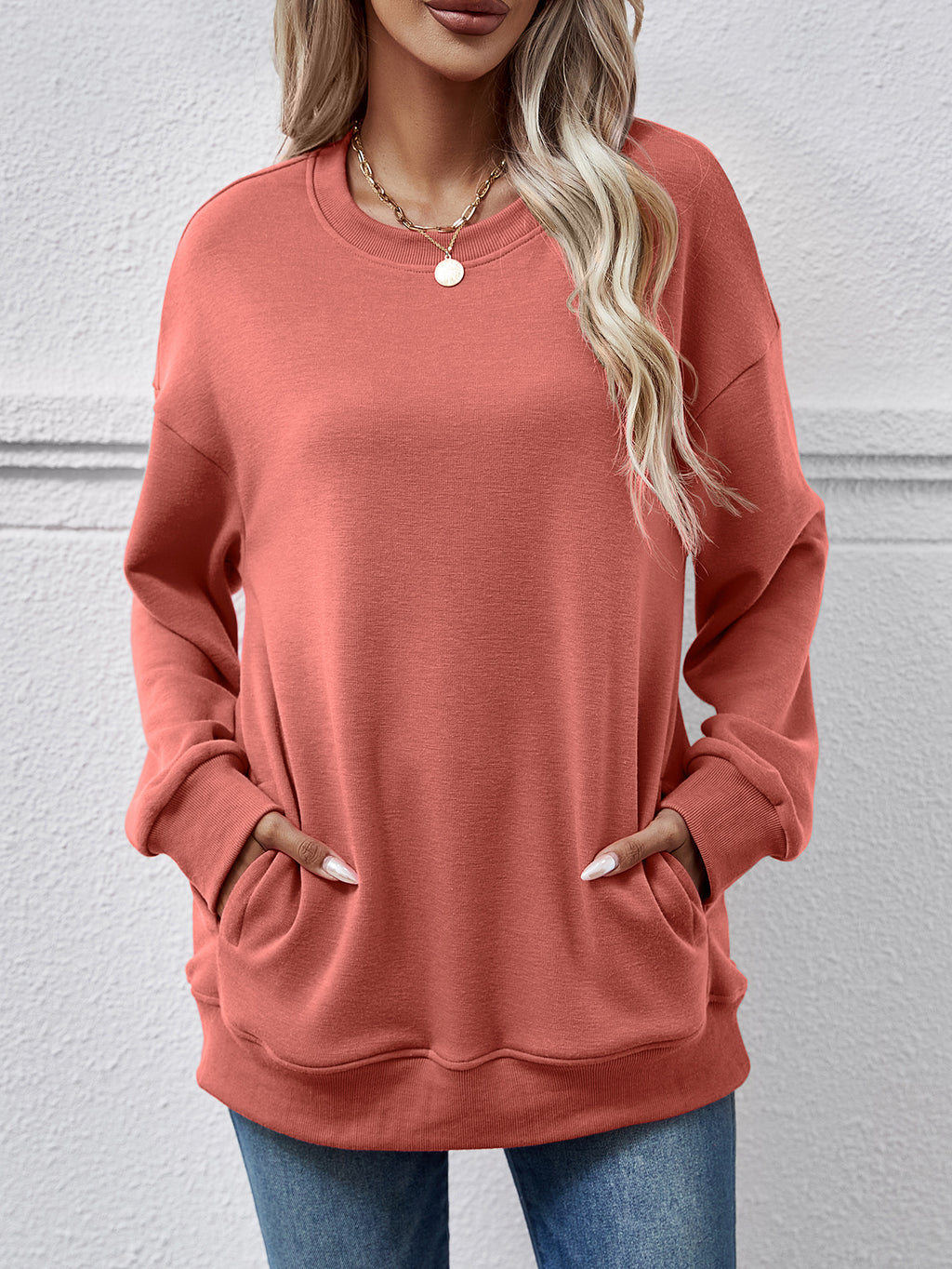 Oversized Crewneck Sweatshirt With Side Pockets - Orange