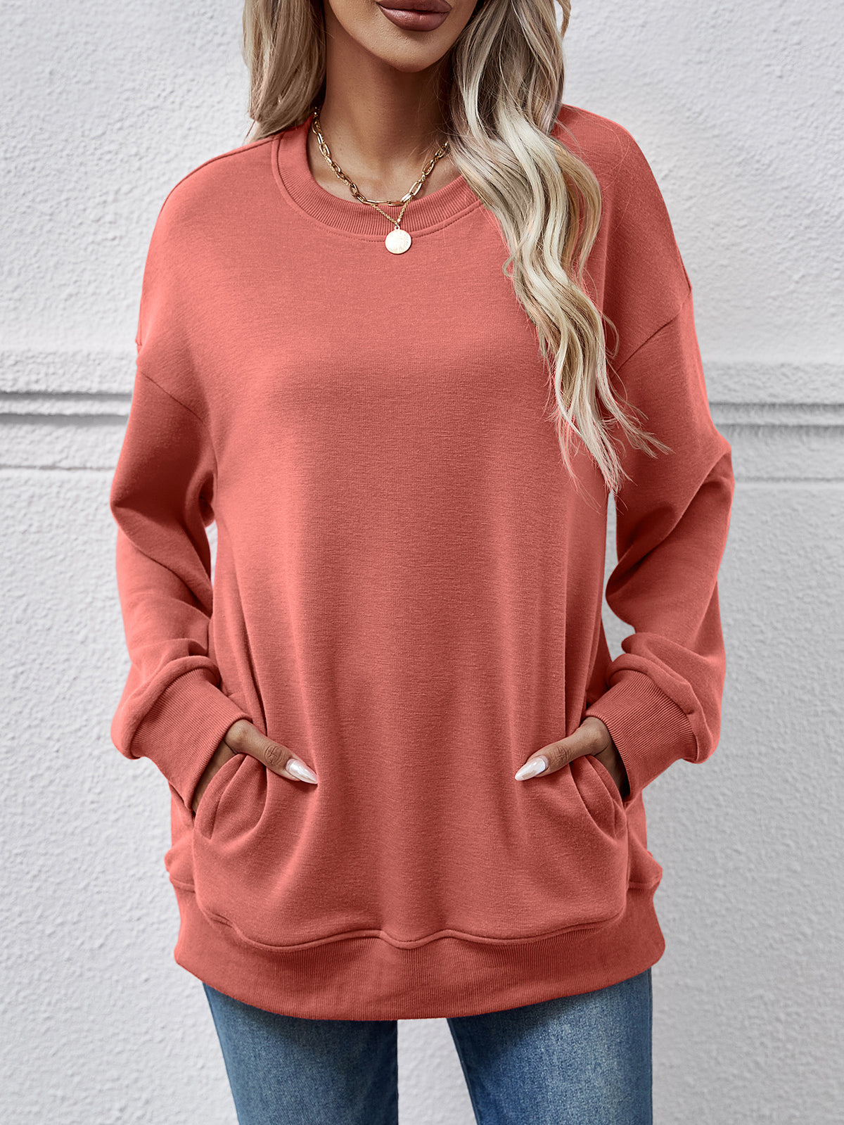 Oversized Crewneck Sweatshirt With Side Pockets - Orange