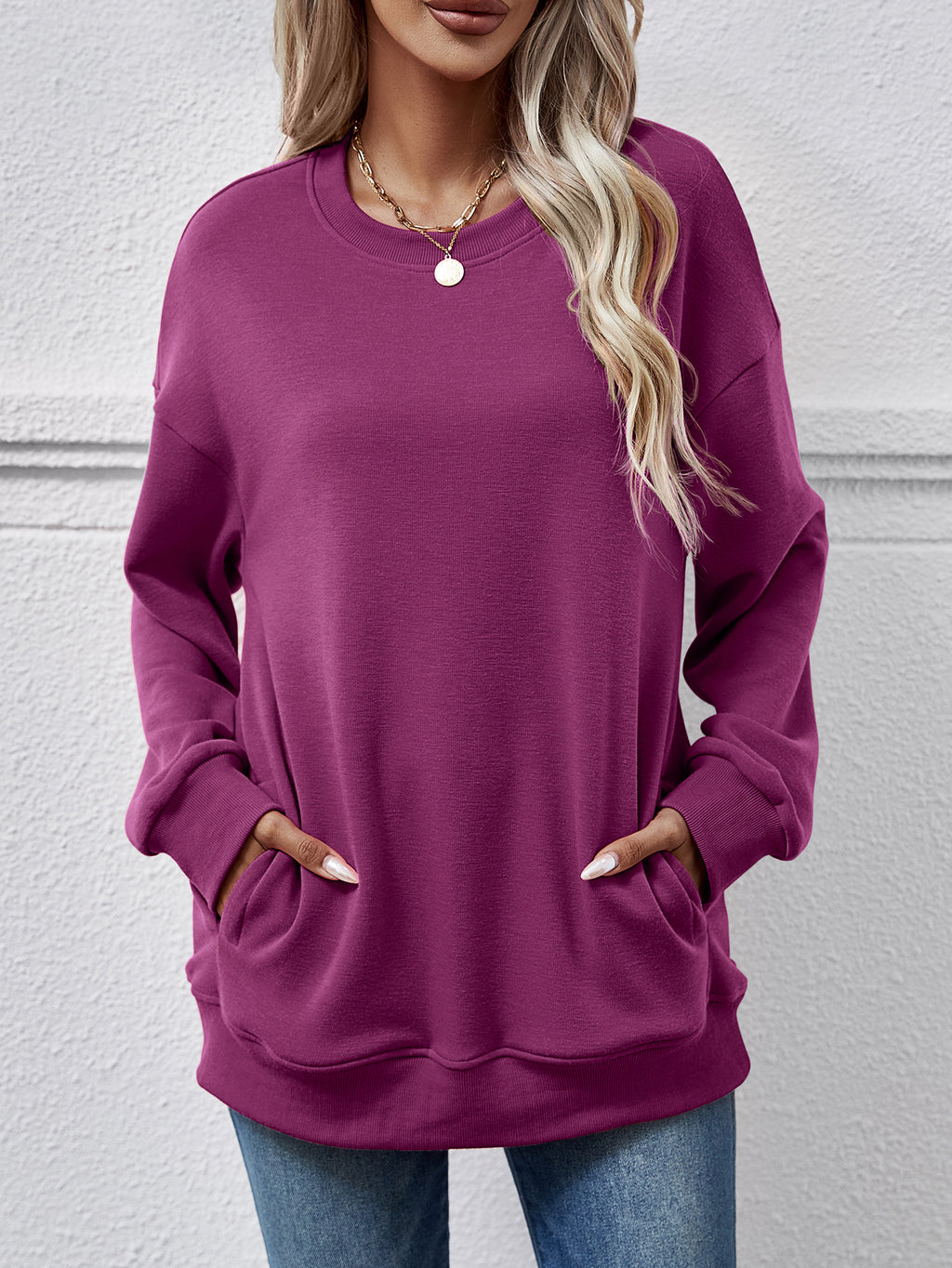 Oversized Crewneck Sweatshirt With Side Pockets - Purple