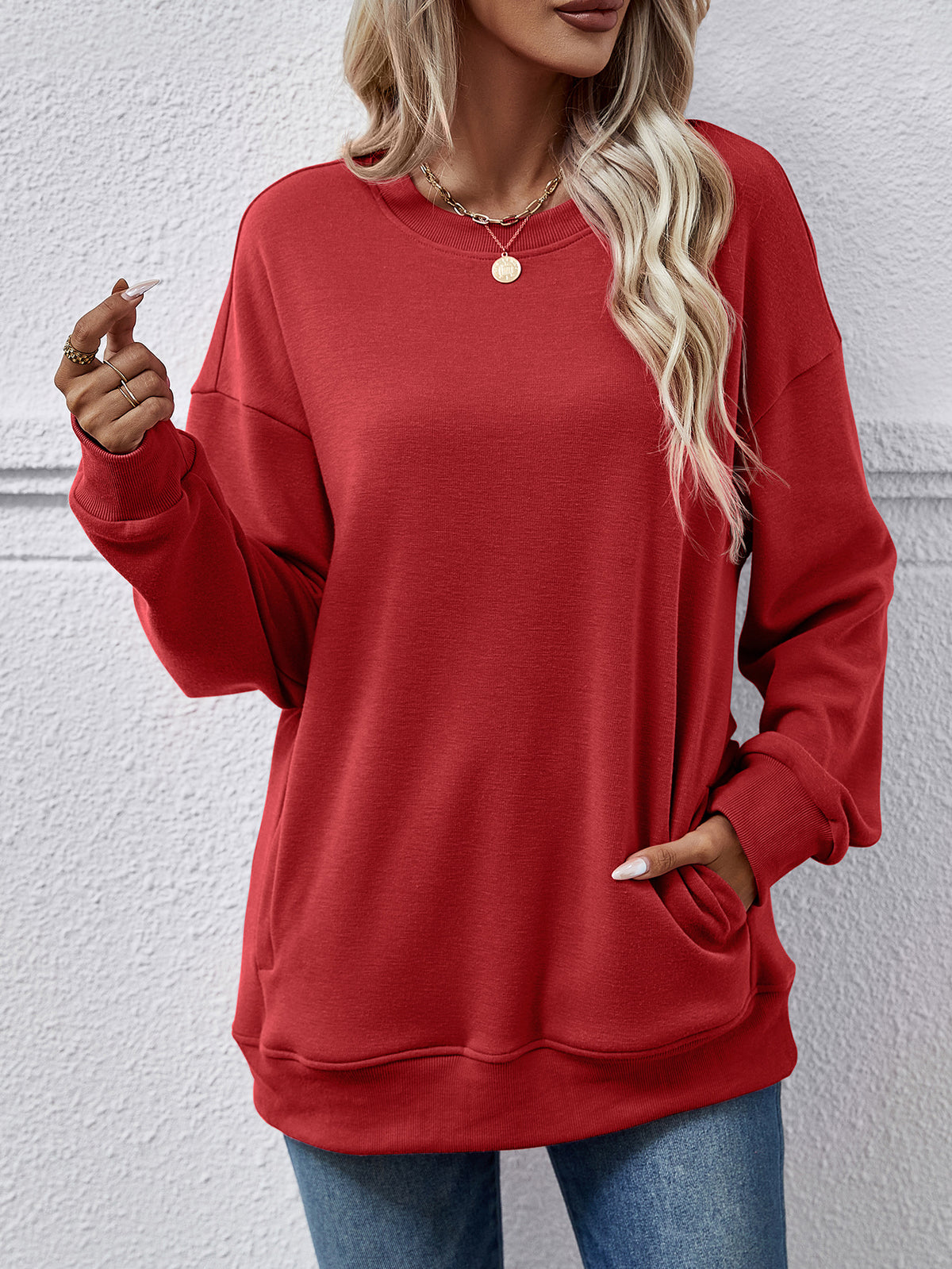 Oversized Crewneck Sweatshirt With Side Pockets - Red - 1