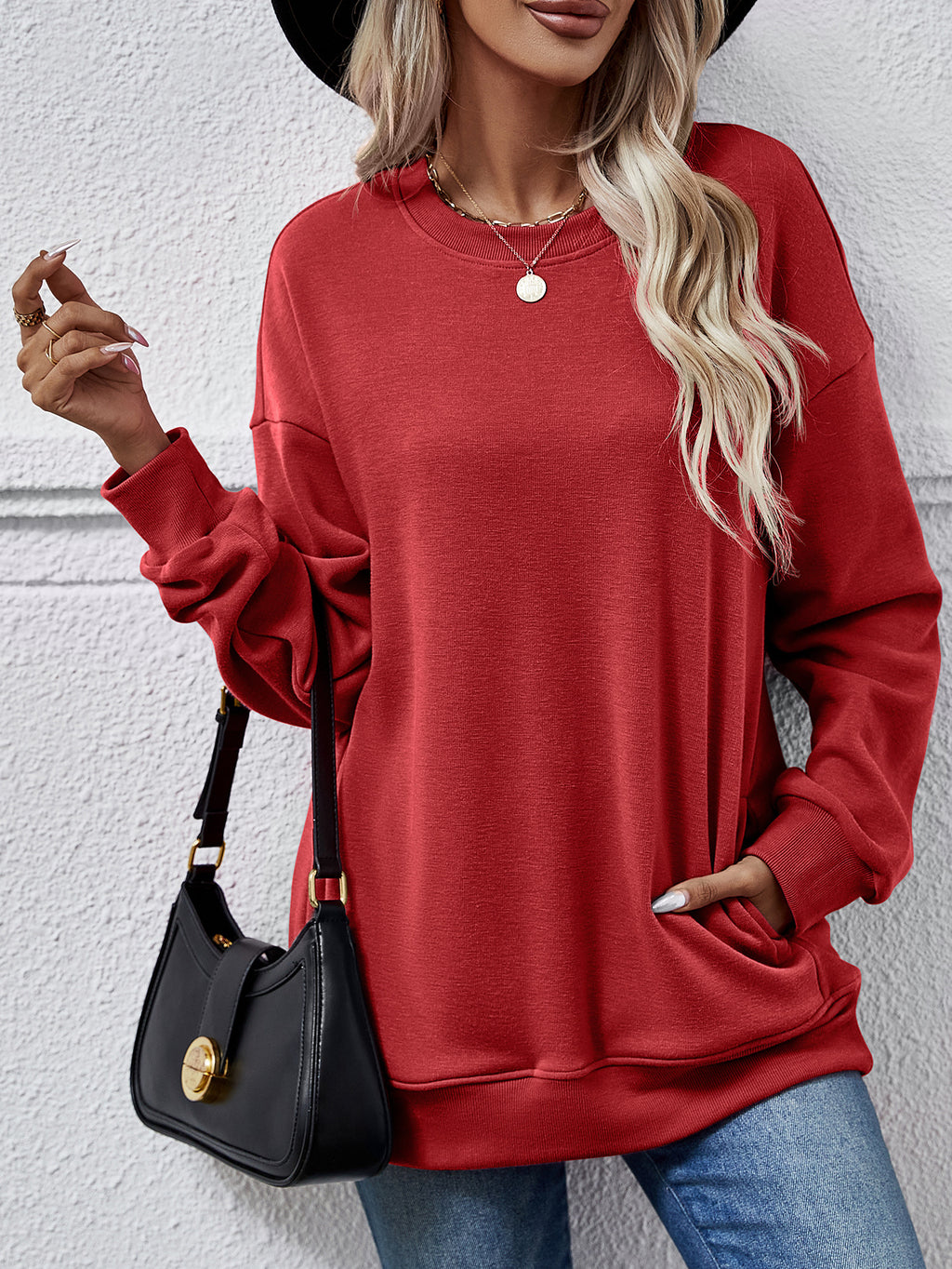 Oversized Crewneck Sweatshirt With Side Pockets - Red - 2