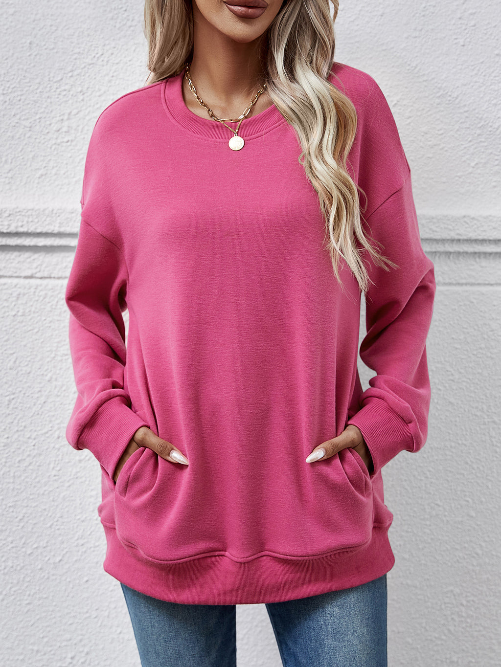 Oversized Crewneck Sweatshirt With Side Pockets - Rosered