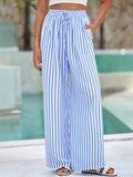Pinstripe Wide Leg Drawstring Trousers - Blue