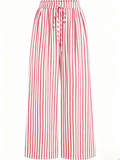 Pinstripe Wide Leg Drawstring Trousers - Pink