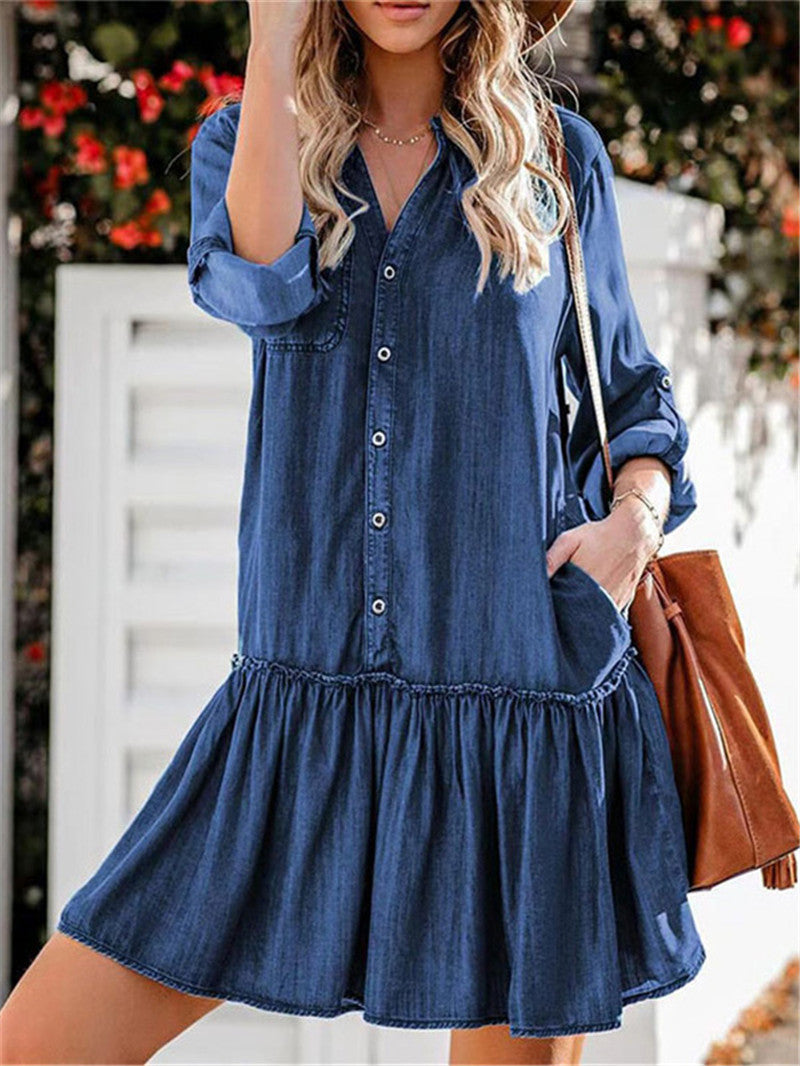 Denim Ruffle Hem Long Sleeve Shirt Dress - Blue