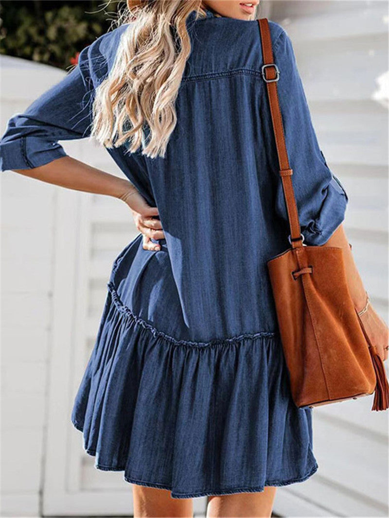 Denim Ruffle Hem Long Sleeve Shirt Dress - Blue - 1