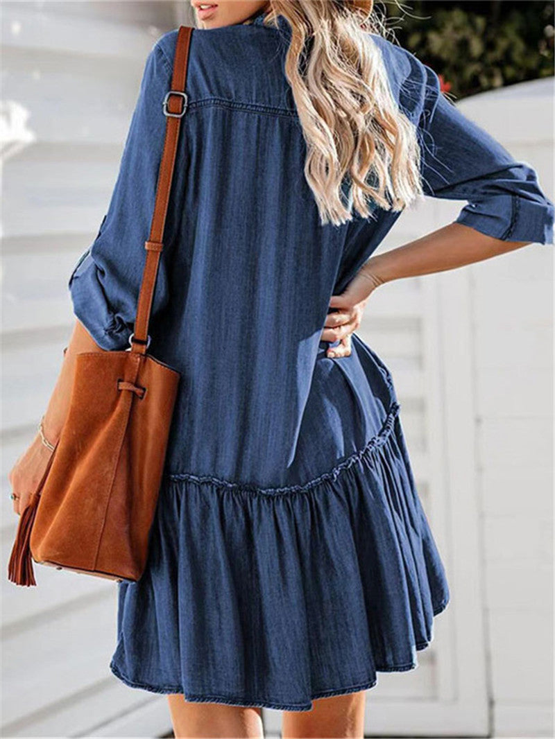 Denim Ruffle Hem Long Sleeve Shirt Dress - Blue - 2