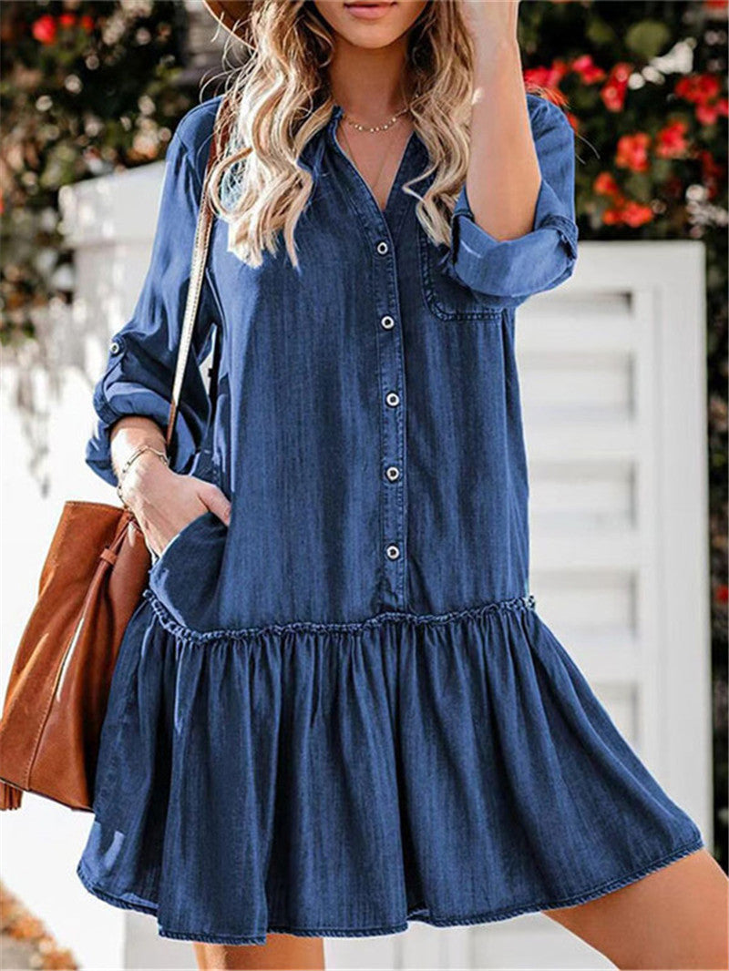 Denim Ruffle Hem Long Sleeve Shirt Dress - Blue - 3