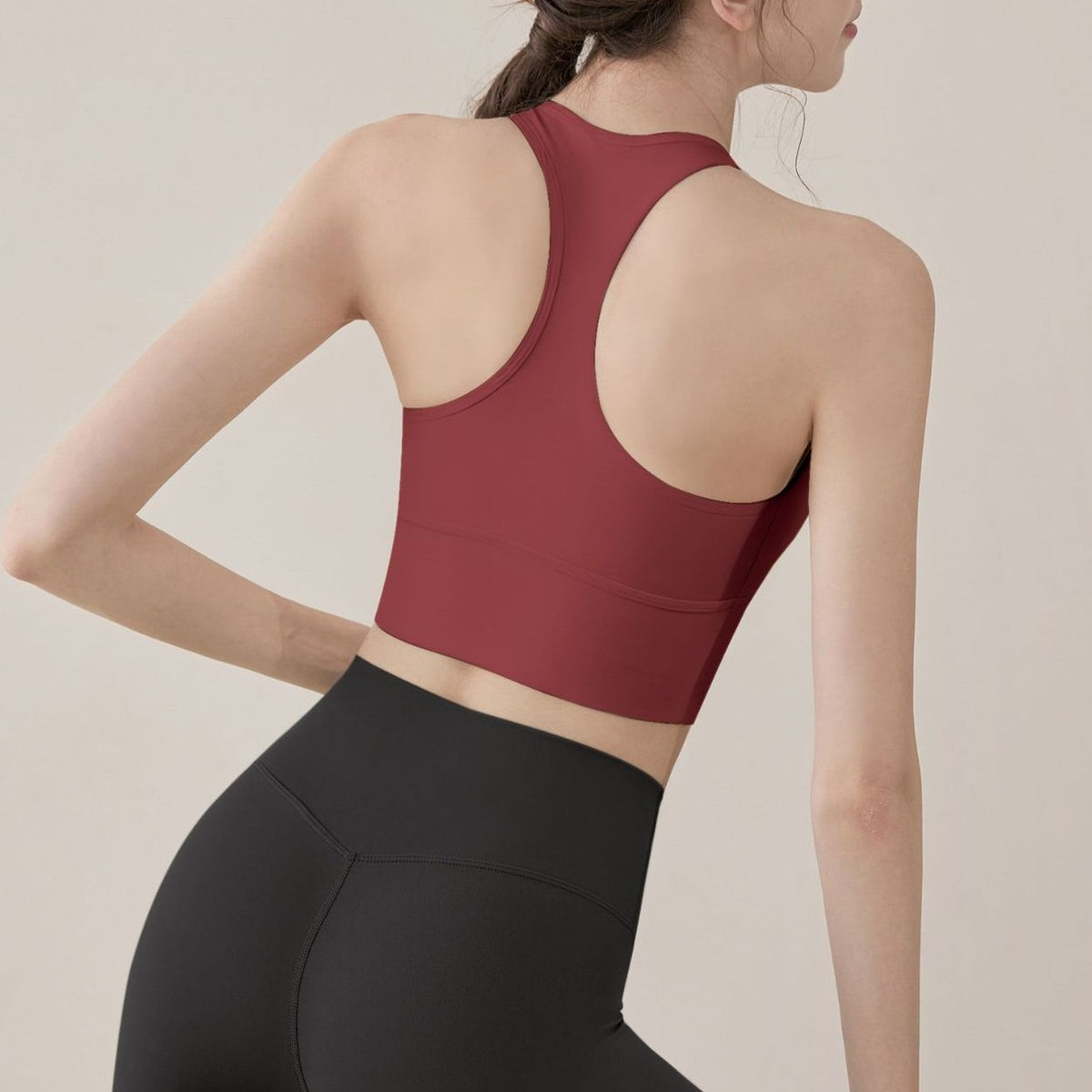 Racerback U Neck Longline Padded Yoga Sports Bra - Brick Red
