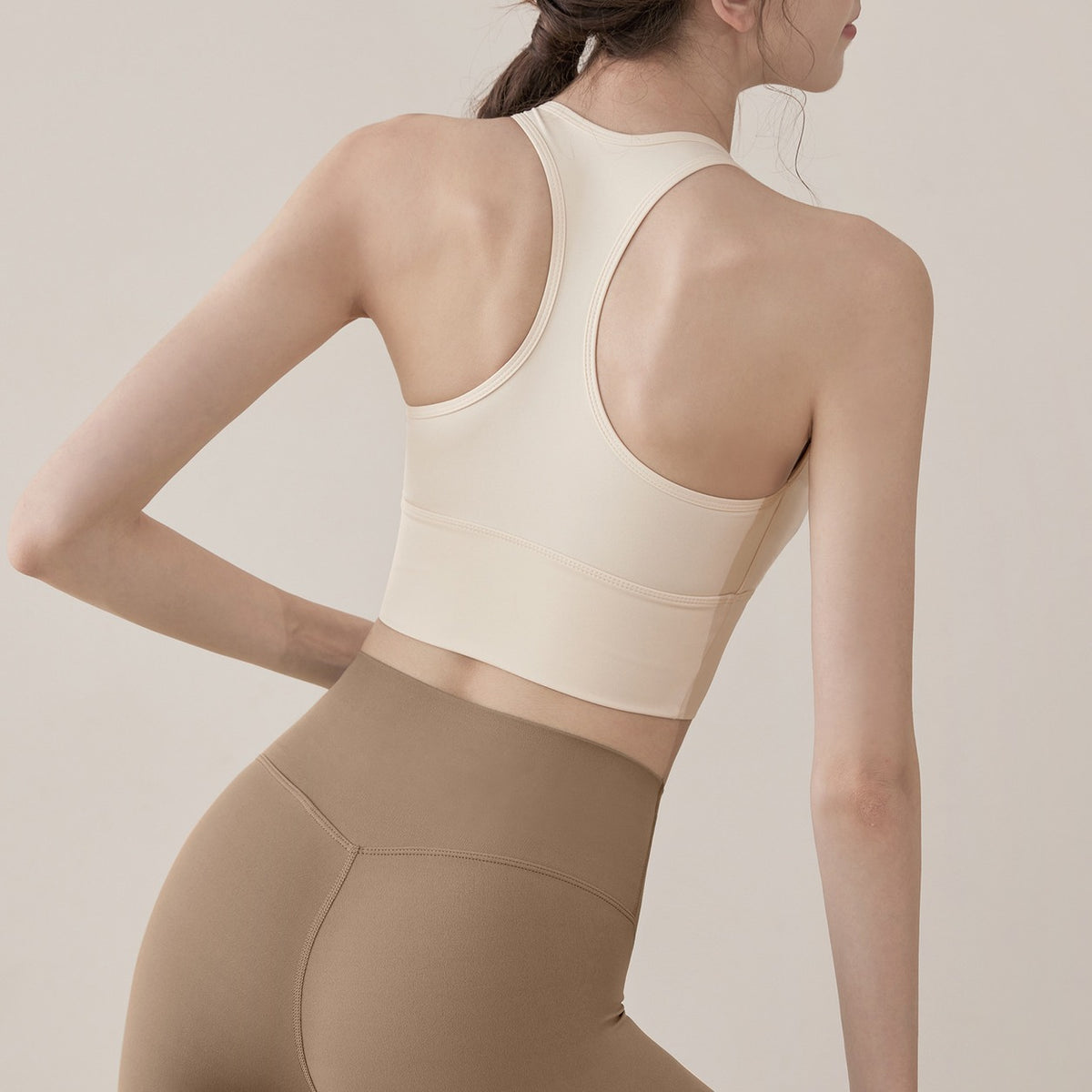Racerback U Neck Longline Padded Yoga Sports Bra - Cream