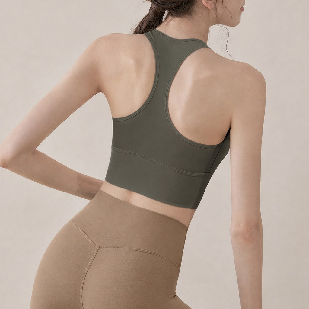 Racerback U Neck Longline Padded Yoga Sports Bra - Olive Green