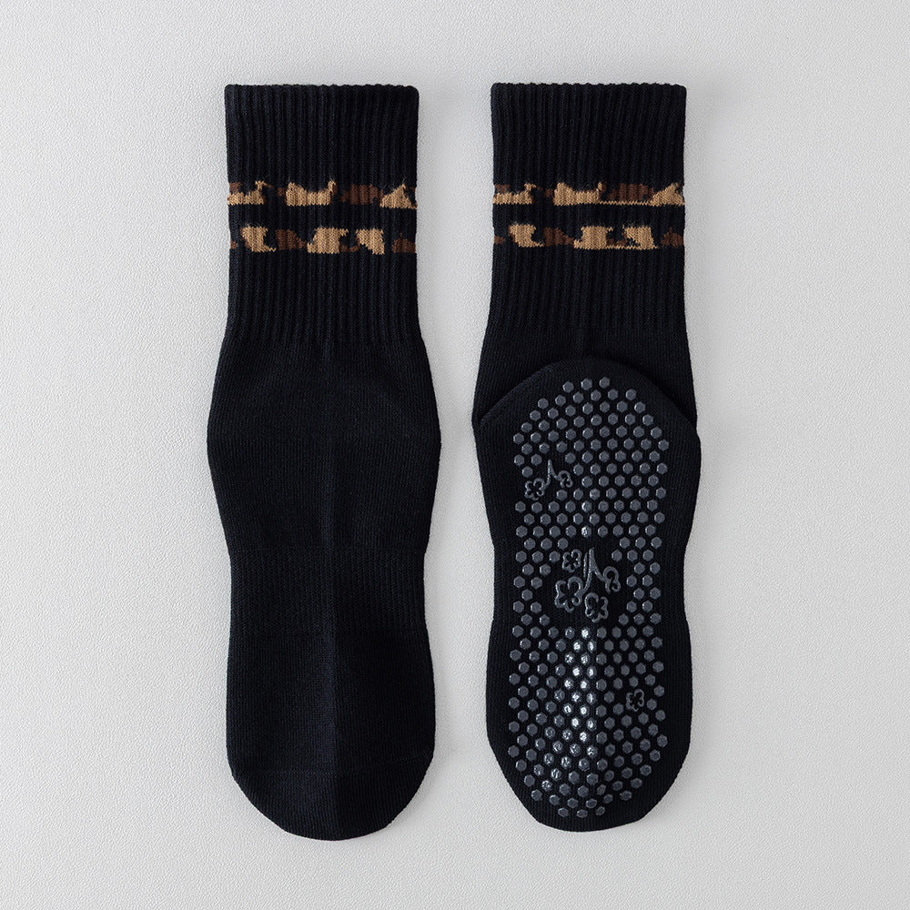 Non-Slip Pilates Grip Crew Socks With Leopard Stripes - Black