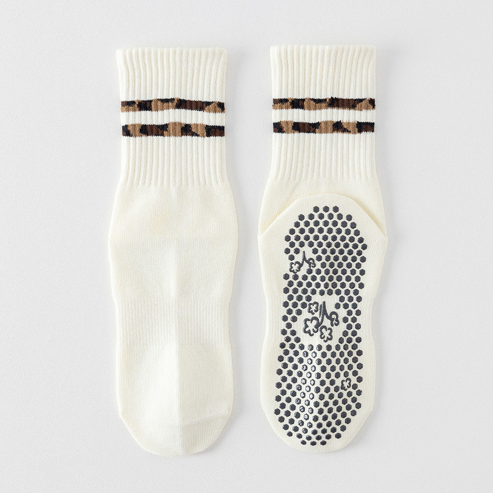 Non-Slip Pilates Grip Crew Socks With Leopard Stripes - Cream